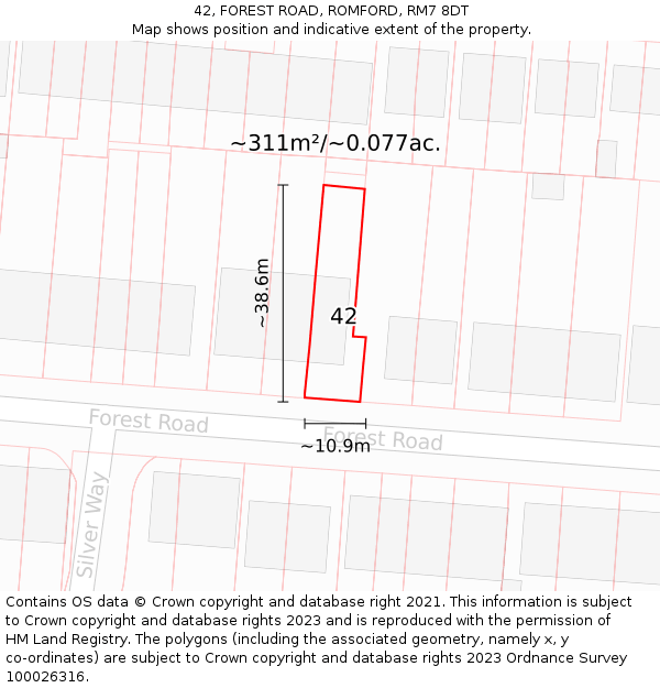 42, FOREST ROAD, ROMFORD, RM7 8DT: Plot and title map