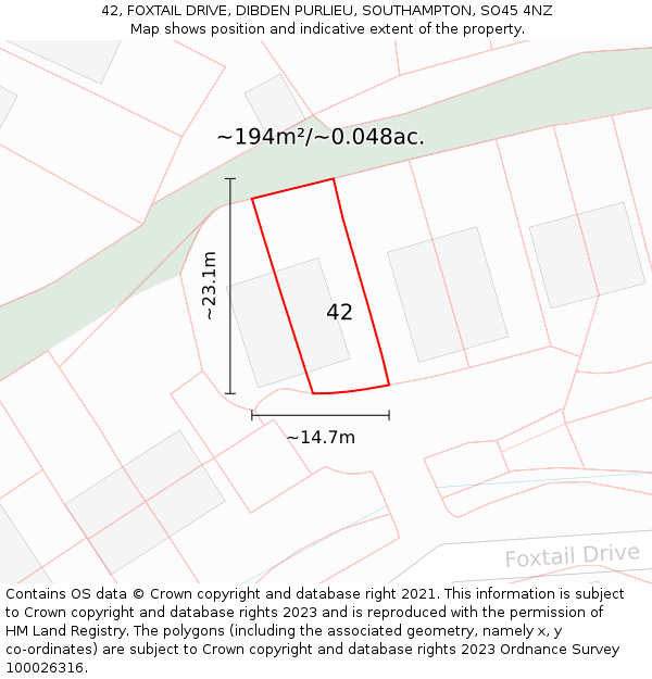 42, FOXTAIL DRIVE, DIBDEN PURLIEU, SOUTHAMPTON, SO45 4NZ: Plot and title map