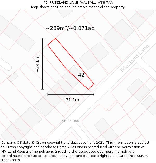 42, FRIEZLAND LANE, WALSALL, WS8 7AA: Plot and title map