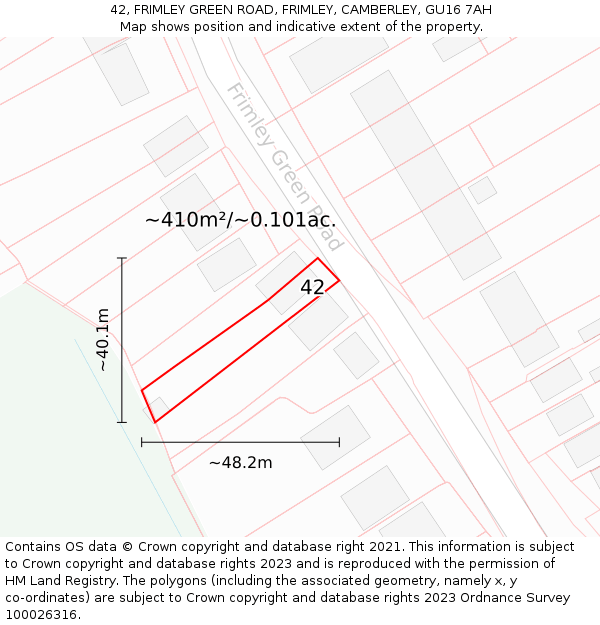 42, FRIMLEY GREEN ROAD, FRIMLEY, CAMBERLEY, GU16 7AH: Plot and title map