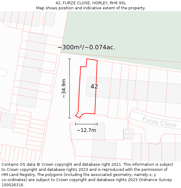 42, FURZE CLOSE, HORLEY, RH6 9SL: Plot and title map