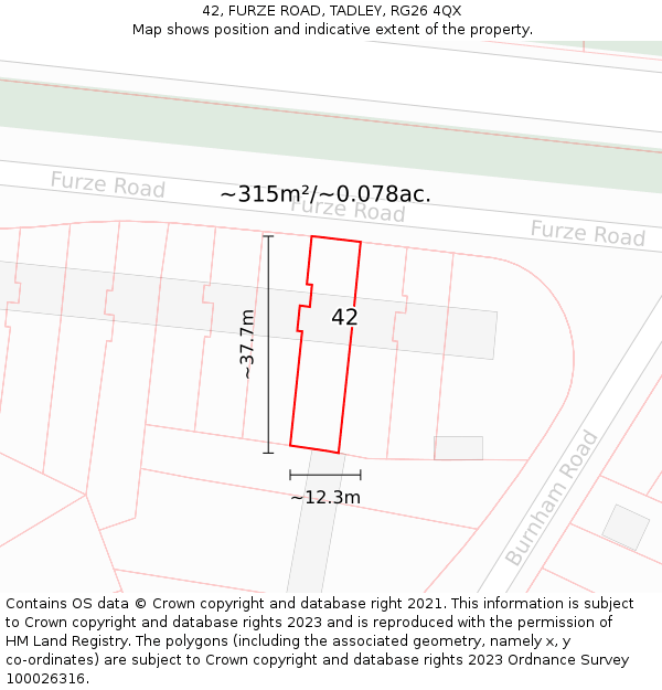42, FURZE ROAD, TADLEY, RG26 4QX: Plot and title map