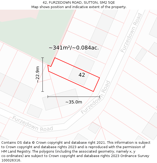 42, FURZEDOWN ROAD, SUTTON, SM2 5QE: Plot and title map