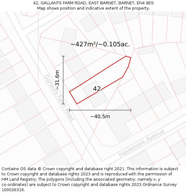 42, GALLANTS FARM ROAD, EAST BARNET, BARNET, EN4 8ES: Plot and title map