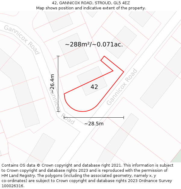 42, GANNICOX ROAD, STROUD, GL5 4EZ: Plot and title map