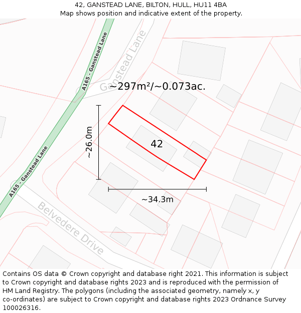 42, GANSTEAD LANE, BILTON, HULL, HU11 4BA: Plot and title map