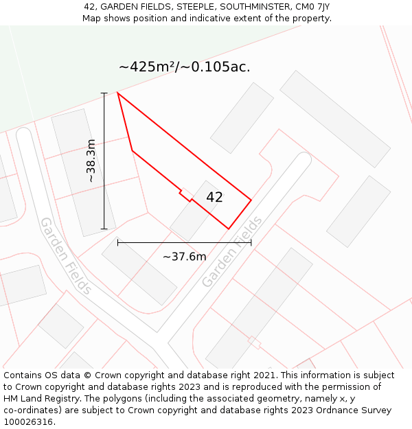 42, GARDEN FIELDS, STEEPLE, SOUTHMINSTER, CM0 7JY: Plot and title map