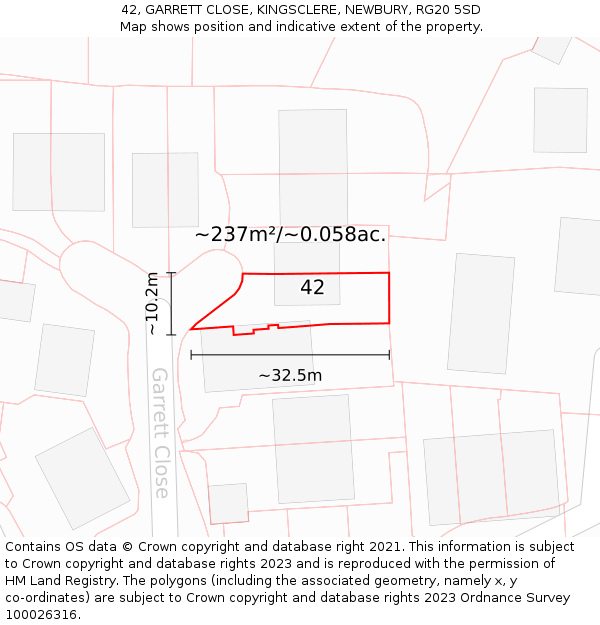 42, GARRETT CLOSE, KINGSCLERE, NEWBURY, RG20 5SD: Plot and title map