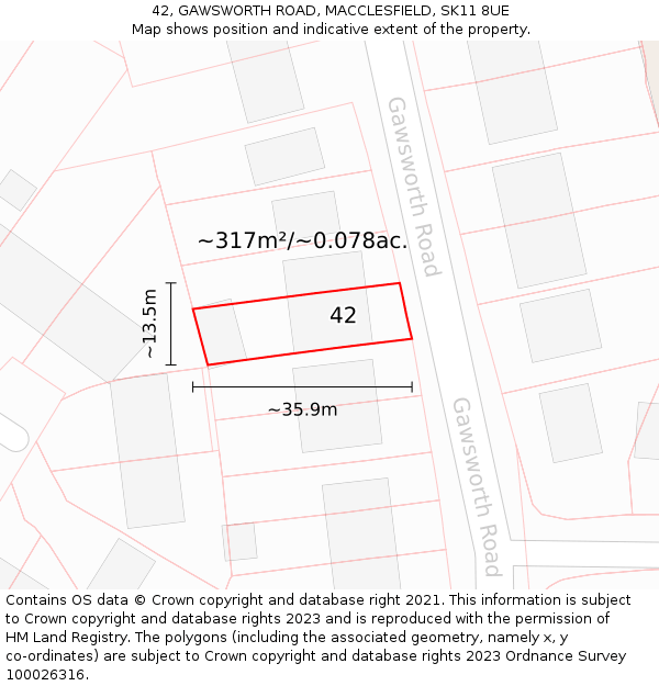 42, GAWSWORTH ROAD, MACCLESFIELD, SK11 8UE: Plot and title map