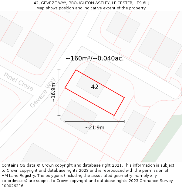 42, GEVEZE WAY, BROUGHTON ASTLEY, LEICESTER, LE9 6HJ: Plot and title map