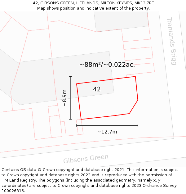 42, GIBSONS GREEN, HEELANDS, MILTON KEYNES, MK13 7PE: Plot and title map