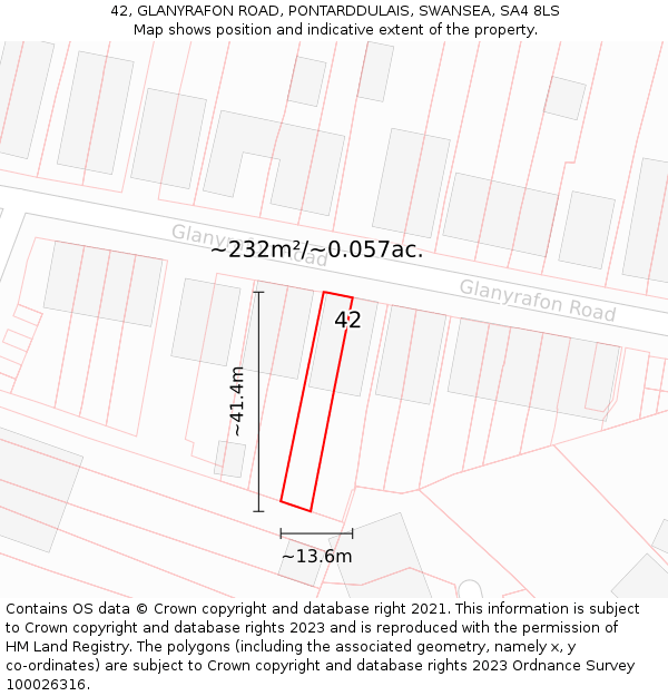 42, GLANYRAFON ROAD, PONTARDDULAIS, SWANSEA, SA4 8LS: Plot and title map