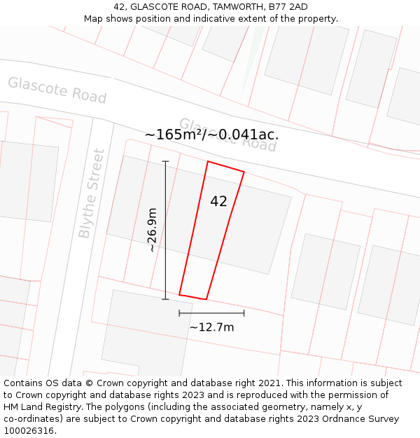 42, GLASCOTE ROAD, TAMWORTH, B77 2AD: Plot and title map