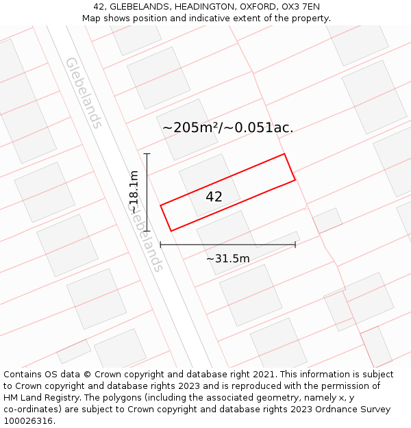 42, GLEBELANDS, HEADINGTON, OXFORD, OX3 7EN: Plot and title map