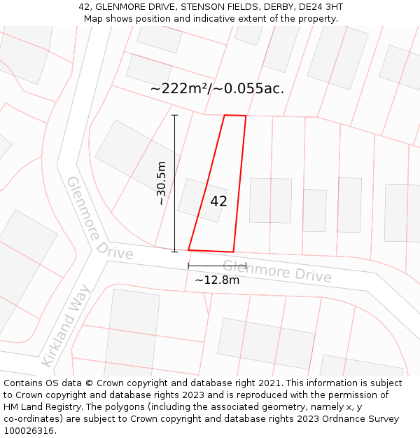 42, GLENMORE DRIVE, STENSON FIELDS, DERBY, DE24 3HT: Plot and title map