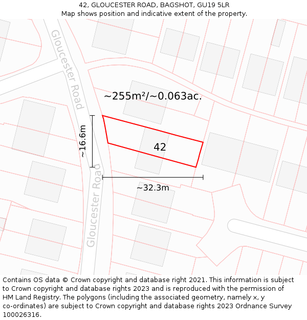 42, GLOUCESTER ROAD, BAGSHOT, GU19 5LR: Plot and title map