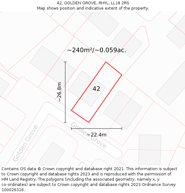 42, GOLDEN GROVE, RHYL, LL18 2RS: Plot and title map