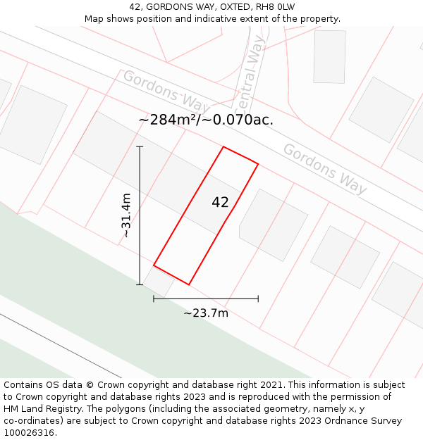 42, GORDONS WAY, OXTED, RH8 0LW: Plot and title map