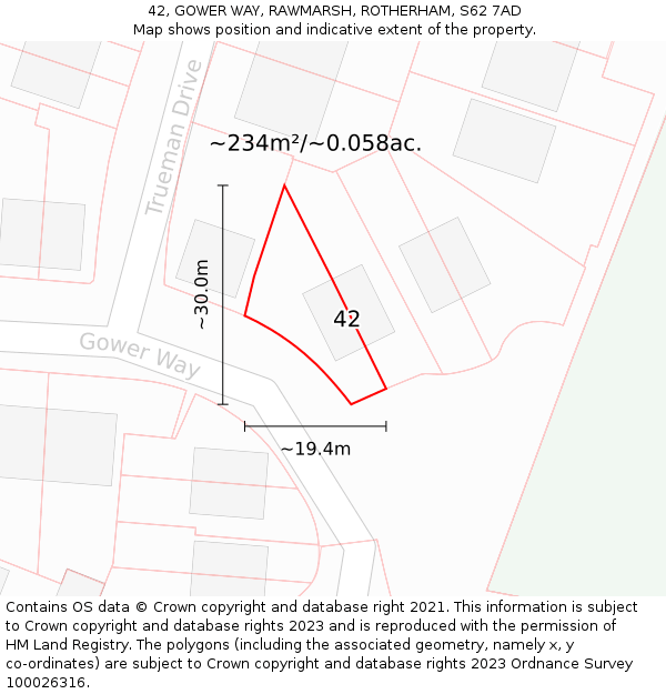 42, GOWER WAY, RAWMARSH, ROTHERHAM, S62 7AD: Plot and title map