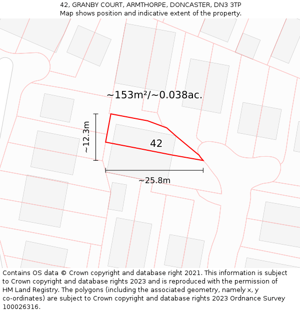 42, GRANBY COURT, ARMTHORPE, DONCASTER, DN3 3TP: Plot and title map