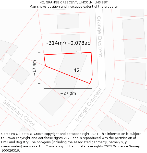 42, GRANGE CRESCENT, LINCOLN, LN6 8BT: Plot and title map