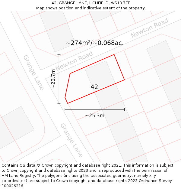 42, GRANGE LANE, LICHFIELD, WS13 7EE: Plot and title map