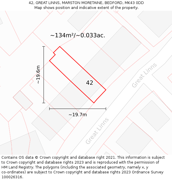 42, GREAT LINNS, MARSTON MORETAINE, BEDFORD, MK43 0DD: Plot and title map