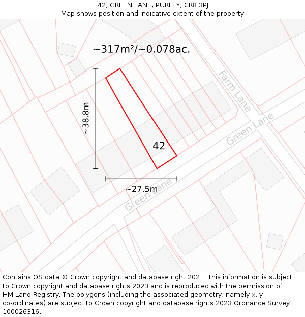 42, GREEN LANE, PURLEY, CR8 3PJ: Plot and title map