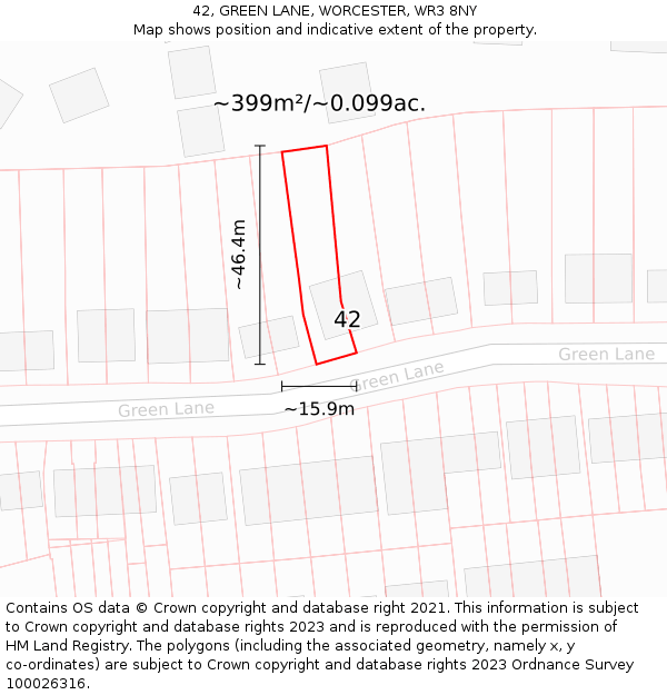 42, GREEN LANE, WORCESTER, WR3 8NY: Plot and title map