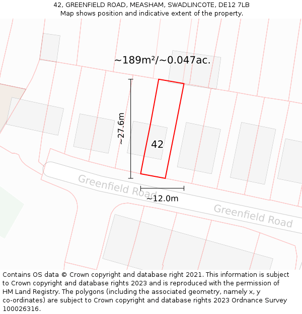 42, GREENFIELD ROAD, MEASHAM, SWADLINCOTE, DE12 7LB: Plot and title map