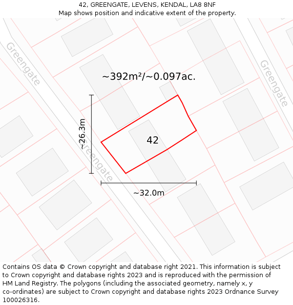 42, GREENGATE, LEVENS, KENDAL, LA8 8NF: Plot and title map