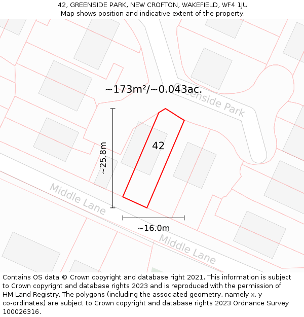 42, GREENSIDE PARK, NEW CROFTON, WAKEFIELD, WF4 1JU: Plot and title map