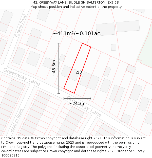 42, GREENWAY LANE, BUDLEIGH SALTERTON, EX9 6SJ: Plot and title map