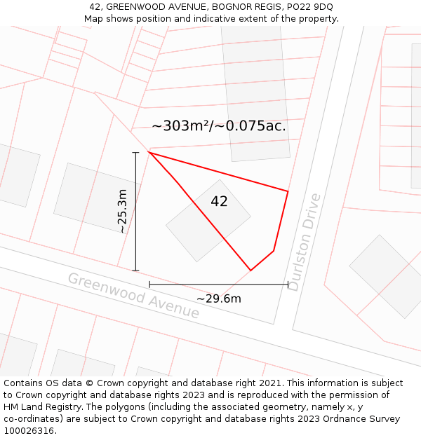 42, GREENWOOD AVENUE, BOGNOR REGIS, PO22 9DQ: Plot and title map