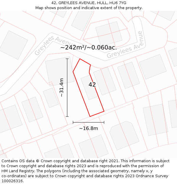 42, GREYLEES AVENUE, HULL, HU6 7YG: Plot and title map