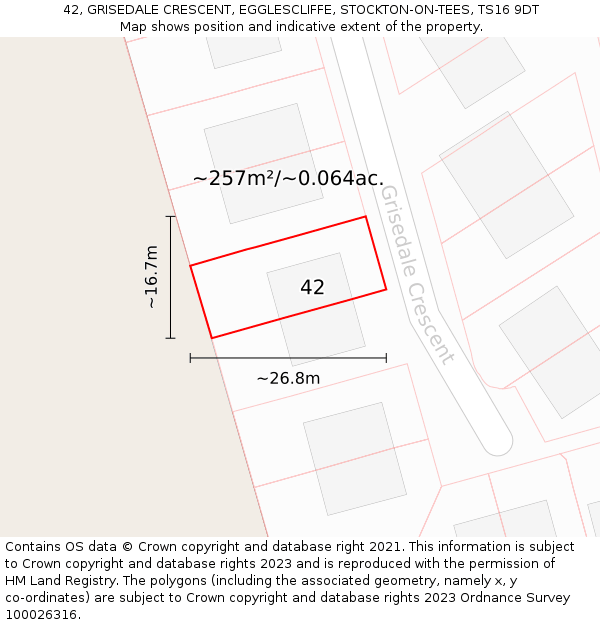 42, GRISEDALE CRESCENT, EGGLESCLIFFE, STOCKTON-ON-TEES, TS16 9DT: Plot and title map