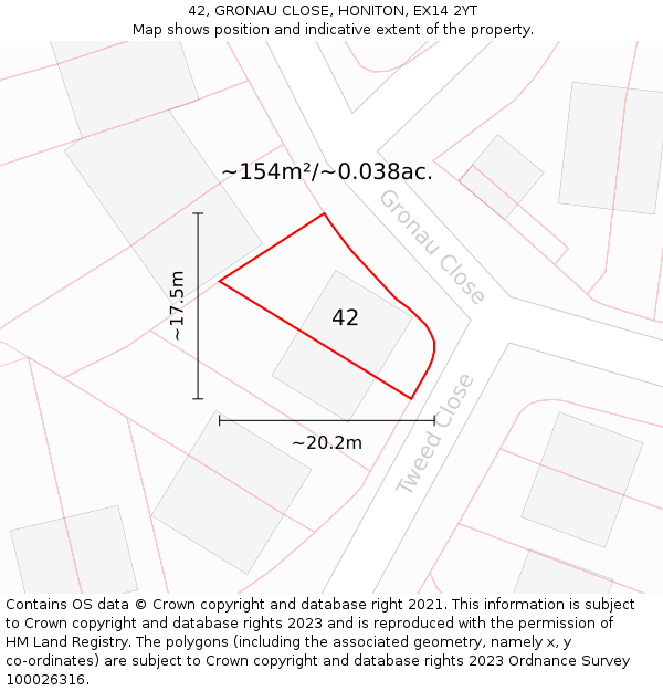 42, GRONAU CLOSE, HONITON, EX14 2YT: Plot and title map