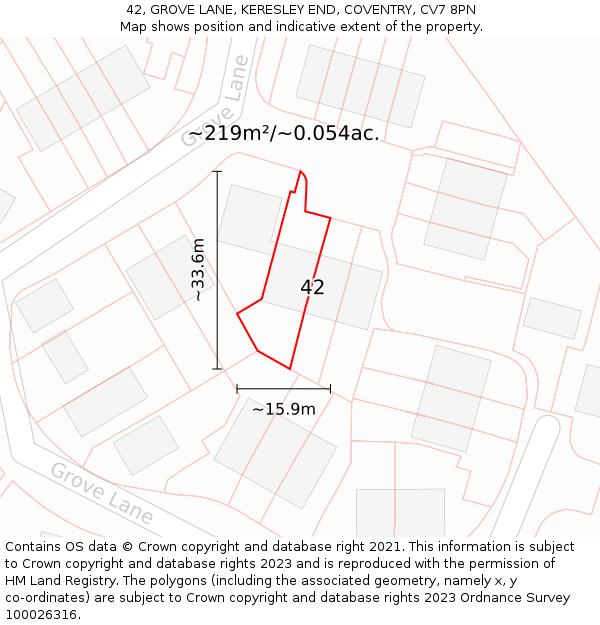 42, GROVE LANE, KERESLEY END, COVENTRY, CV7 8PN: Plot and title map