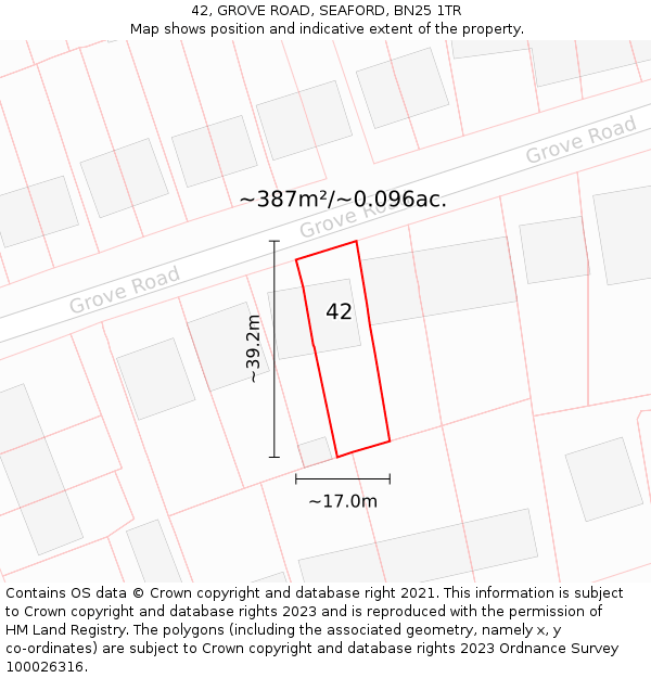 42, GROVE ROAD, SEAFORD, BN25 1TR: Plot and title map