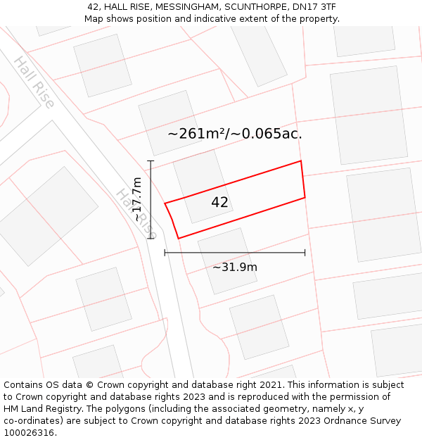 42, HALL RISE, MESSINGHAM, SCUNTHORPE, DN17 3TF: Plot and title map