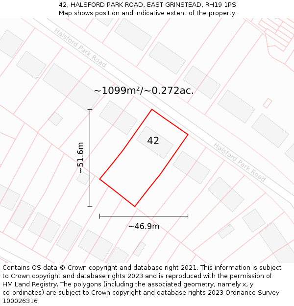 42, HALSFORD PARK ROAD, EAST GRINSTEAD, RH19 1PS: Plot and title map