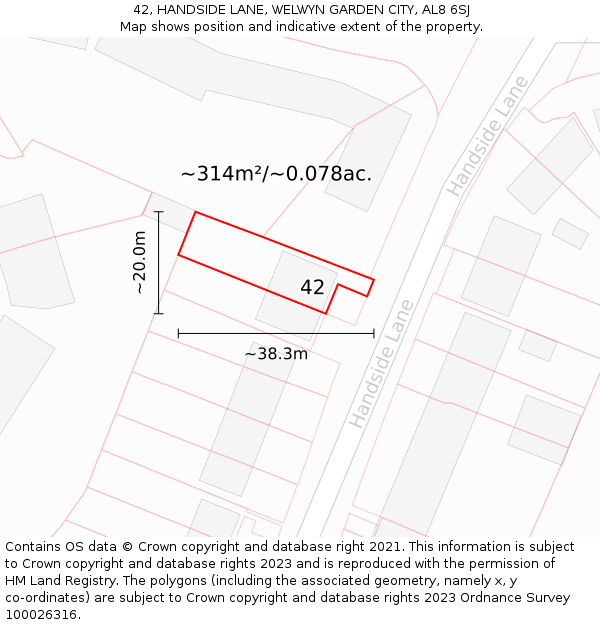 42, HANDSIDE LANE, WELWYN GARDEN CITY, AL8 6SJ: Plot and title map