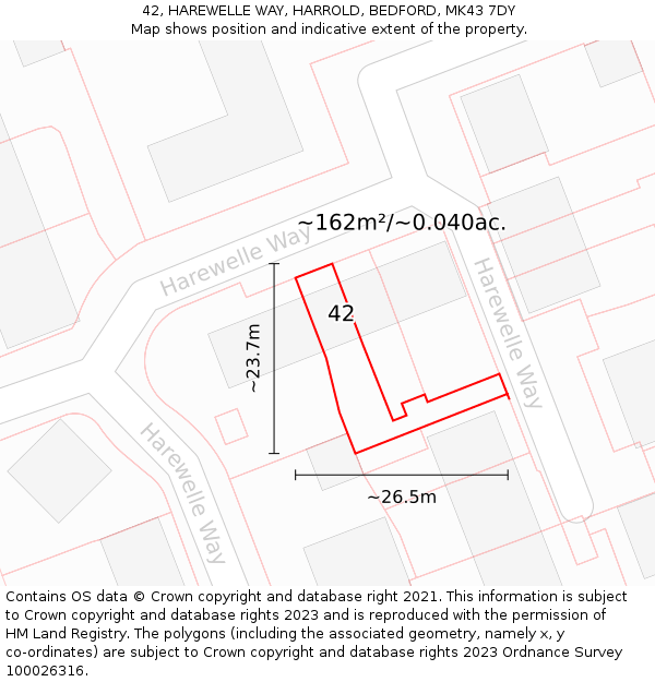 42, HAREWELLE WAY, HARROLD, BEDFORD, MK43 7DY: Plot and title map