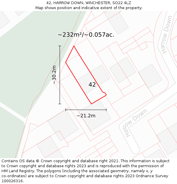 42, HARROW DOWN, WINCHESTER, SO22 4LZ: Plot and title map