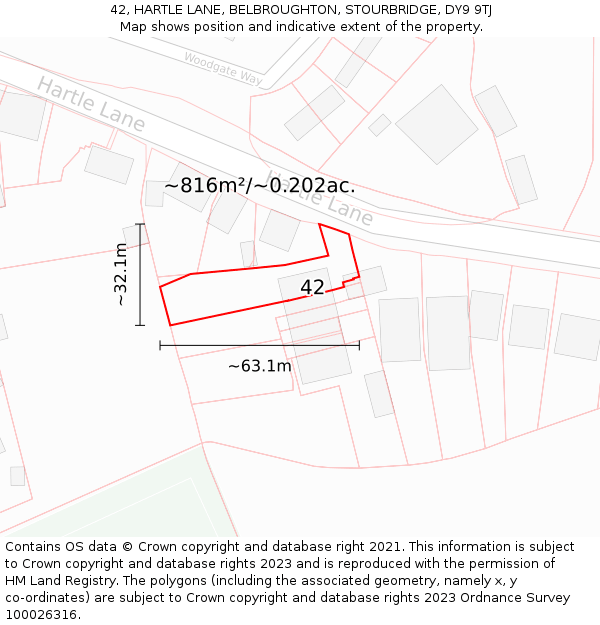 42, HARTLE LANE, BELBROUGHTON, STOURBRIDGE, DY9 9TJ: Plot and title map