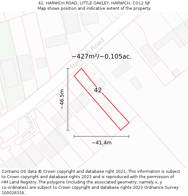 42, HARWICH ROAD, LITTLE OAKLEY, HARWICH, CO12 5JF: Plot and title map