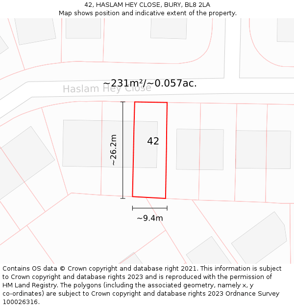 42, HASLAM HEY CLOSE, BURY, BL8 2LA: Plot and title map