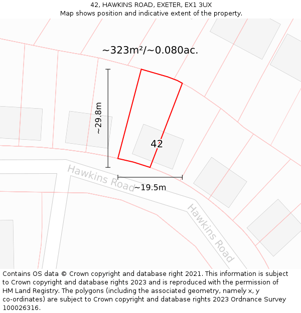 42, HAWKINS ROAD, EXETER, EX1 3UX: Plot and title map