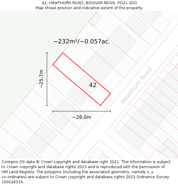 42, HAWTHORN ROAD, BOGNOR REGIS, PO21 2DD: Plot and title map