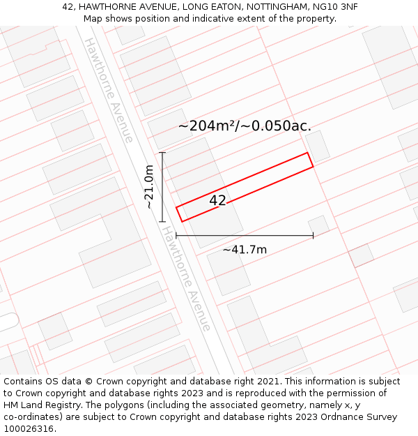 42, HAWTHORNE AVENUE, LONG EATON, NOTTINGHAM, NG10 3NF: Plot and title map